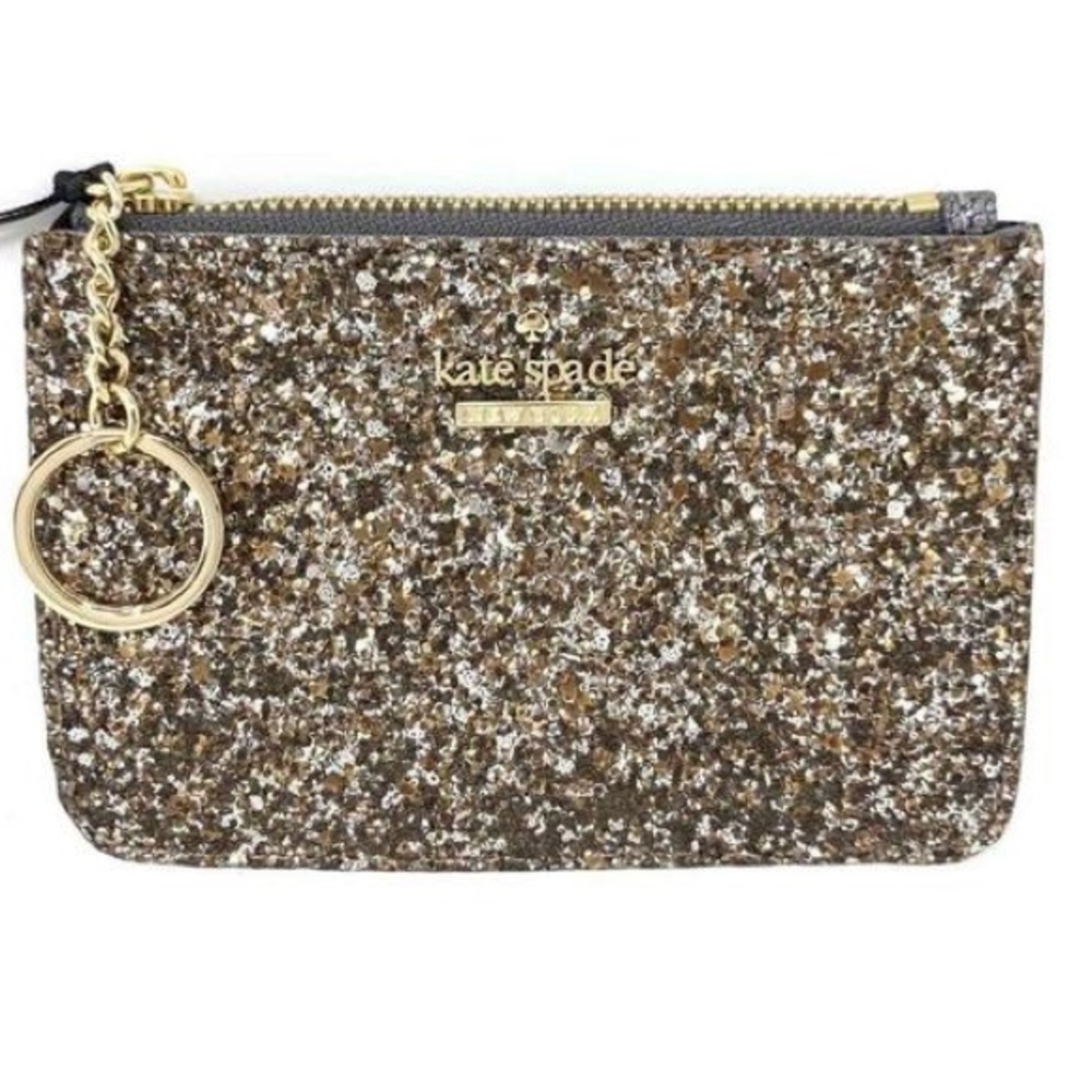 Kate Spade ♠️ Bitsy Laurel Way Gunmetal Glitter Wallet/Coin purse keychain
